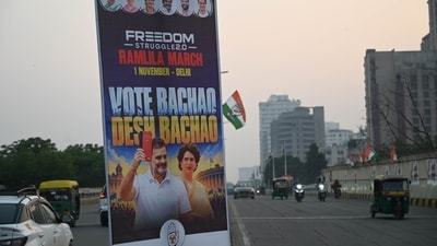 A large hoarding featuring Congress leaders  Rahul Gandhi, and others put up by the Indian Youth Congress on Road for the 'Chalo Delhi Ramlila March' scheduled on November 1  in New Delhi. (Photo for representation) (HT Photos)