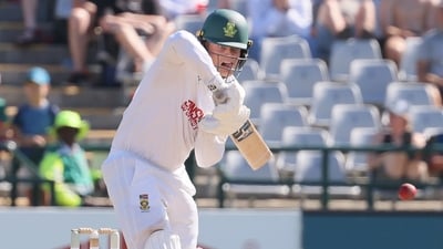 South Africa's Ryan Rickelton plays a shot on day four. (AP Photo/Halden Krog) South Africa's Ryan Rickelton plays a shot on day four. (AP Photo/Halden Krog)