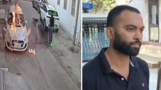 The man who set a lawyer's car on fire. (Screengrab,X/@ANI)