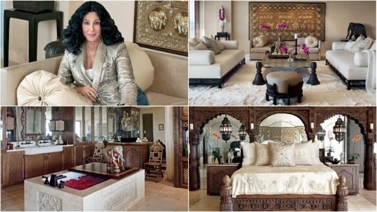Cher’s former Los Angeles home pairs a relaxed, open layout with antiques and global details, including an Indian-paneled bed. (Instagram/ Architectural Digest)