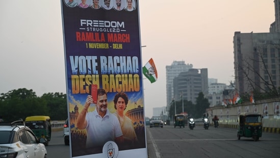 A large hoarding featuring Congress leaders  Rahul Gandhi, and others put up by the Indian Youth Congress on Road for the 'Chalo Delhi Ramlila March' scheduled on November 1  in New Delhi. (Photo for representation)