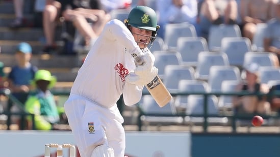 South Africa's Ryan Rickelton plays a shot on day four.