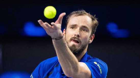 Russia's Daniil Medvedev serves the ball to France's Adrian Mannarino. (AFP)