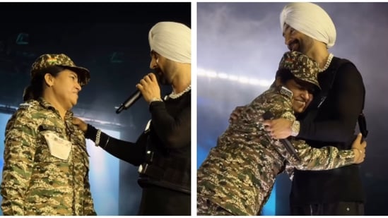 Diljit Dosanjh gave a hug to a female CRPF officer on stage.