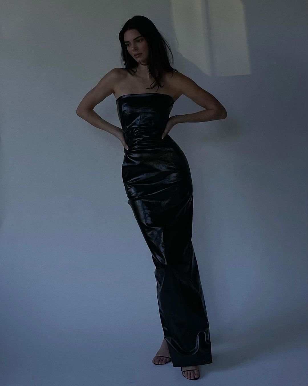 kendall jenner black leather dress Kendall Jenner Wore a Sheer Top, No Bra, and Leather Skirt to Dinner