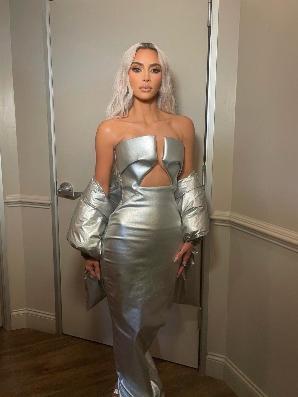 kim kardashian silver sequin dress Kim Kardashian Rocks Skin-Tight Sparkling Silver Gown at 'SNL' 50th Anniversary Special